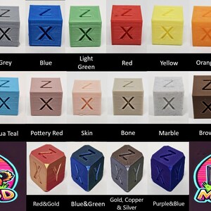 May include: A collection of 3D-printed cubes in various colors, each with a 'Z' and 'X' design. Colors include white, black, grey, blue, light green, red, yellow, orange, pink, and purple. Additional colors are also shown.
