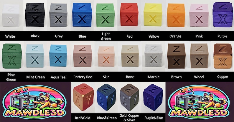 May include: A collection of 3D-printed cubes in various colors, each with a 'Z' and 'X' design. Colors include white, black, grey, blue, light green, red, yellow, orange, pink, and purple. Additional colors are also shown.