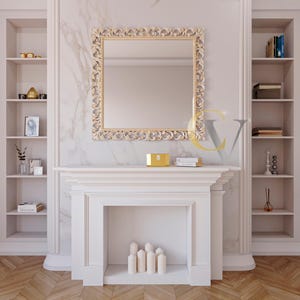 Espejo cuadrado blanco ornamentado – Estilo barroco, marco de MDF tallado
