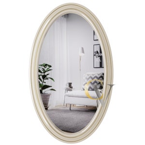 Exquisite oval wall mirror - large decorative mirror in light wood colors for bedroom, bathroom and interior design.