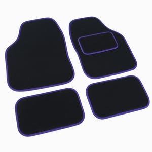 May include: A set of four black car floor mats with purple edging. The mats are shaped to fit the front and rear footwells of a car. They are made from a durable material and are designed to protect the vehicle's interior.