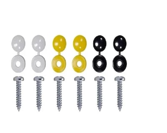 6 x number plate car fixing fitting kit screws & caps hinged black yellow white