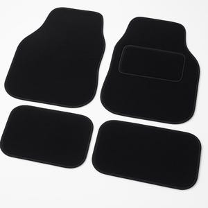 May include: A set of four black car floor mats. Two larger mats are shaped for the front seats, and two smaller mats are for the rear seats. The mats are made of a soft, durable material.