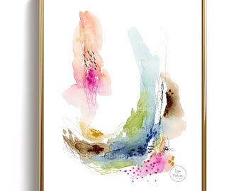May include: Abstract watercolor art print in a gold frame. The artwork features a colorful composition of pink, blue, green, and brown hues with delicate black line details. The artist's signature is in the lower right corner.
