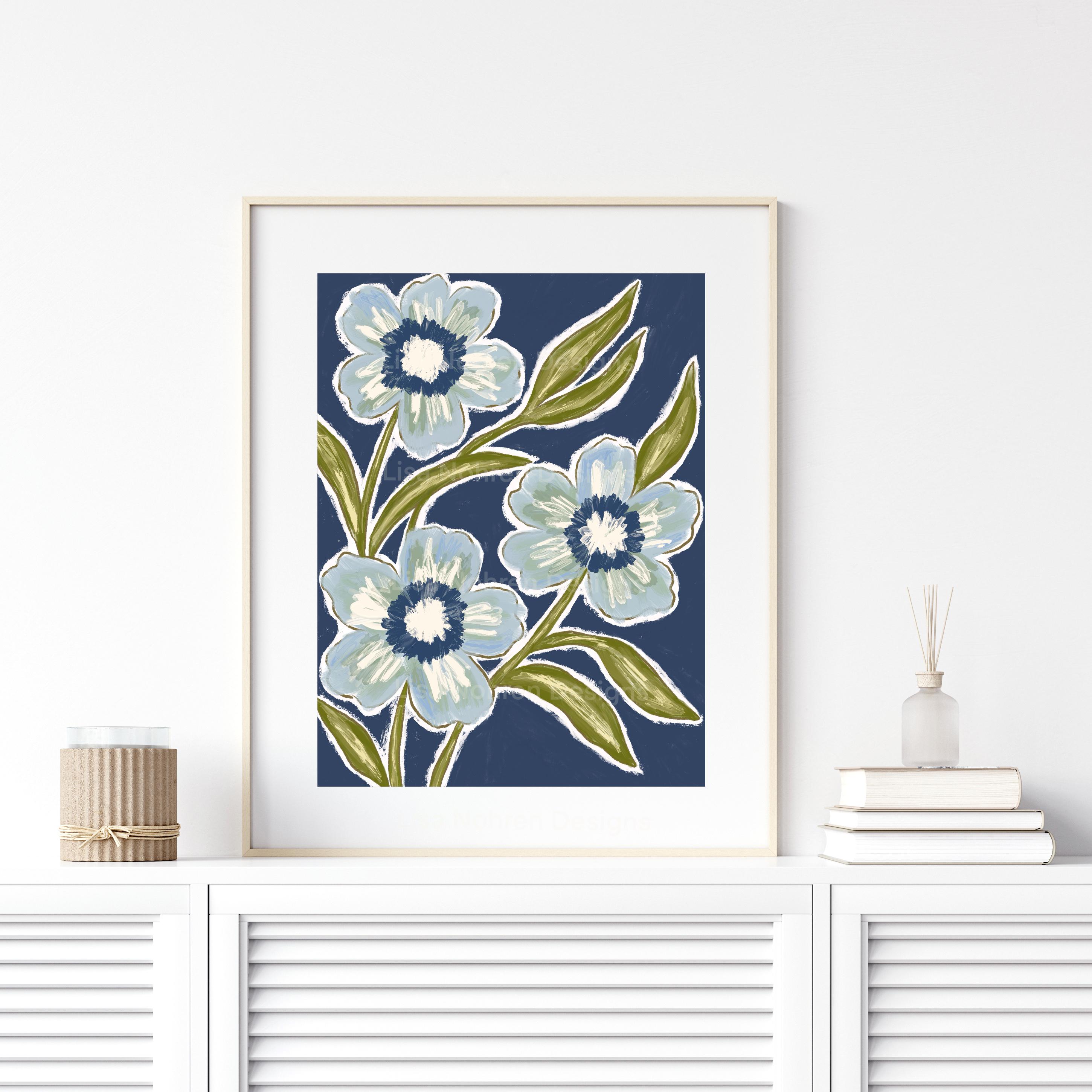 Navy Blue Botanical Abstract: Cottage Floral Fine Art Giclee Print - Etsy
