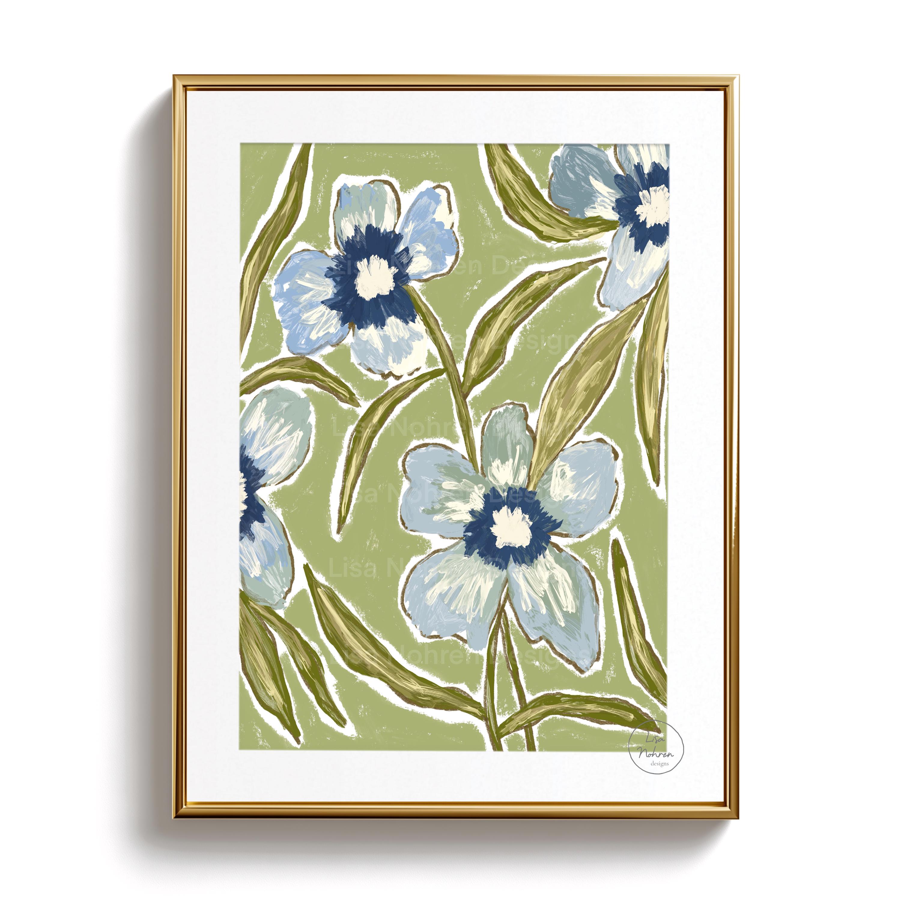 Green and Blue Botanical Art Print: Neutral Abstract Floral Fine Art ...