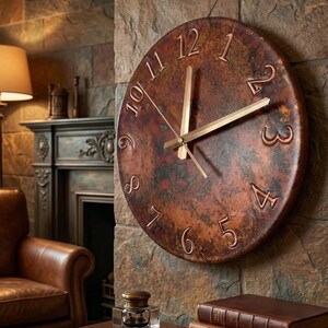 patina copper clock, handmade metal art, handmade clock, unique wall decor, flame treated copper, large wall clock, oversized wall decor, rustic home decor, oxidized copper clock, living room wall decor, kitchen wall clock, unique timepiece, gift for her, father's day gift, gift for dad, dad gift idea, man cave decor