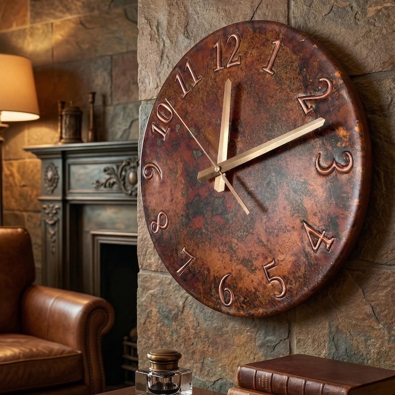 patina copper clock, handmade metal art, handmade clock, unique wall decor, flame treated copper, large wall clock, oversized wall decor, rustic home decor, oxidized copper clock, living room wall decor, kitchen wall clock, unique timepiece, gift for her, father's day gift, gift for dad, dad gift idea, man cave decor