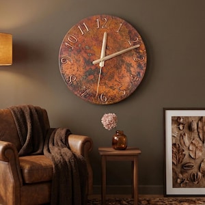 patina copper clock, handmade metal art, handmade clock, unique wall decor, flame treated copper, large wall clock, oversized wall decor, rustic home decor, oxidized copper clock, living room wall decor, kitchen wall clock, unique timepiece, gift for her, father's day gift, gift for dad, dad gift idea, man cave decor