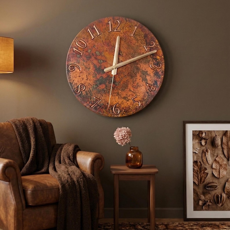 patina copper clock, handmade metal art, handmade clock, unique wall decor, flame treated copper, large wall clock, oversized wall decor, rustic home decor, oxidized copper clock, living room wall decor, kitchen wall clock, unique timepiece, gift for her, father's day gift, gift for dad, dad gift idea, man cave decor