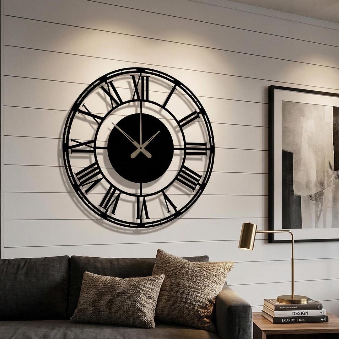 Oversized Metal Wall Clock, Large Roman Numerals, Silent Oversized ...