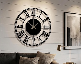 Oversized Metal Wall Clock, Large Roman Numerals, Silent Oversized Metal Wall Clock, Minimalist Modern Home Decor, Gift for Dad
