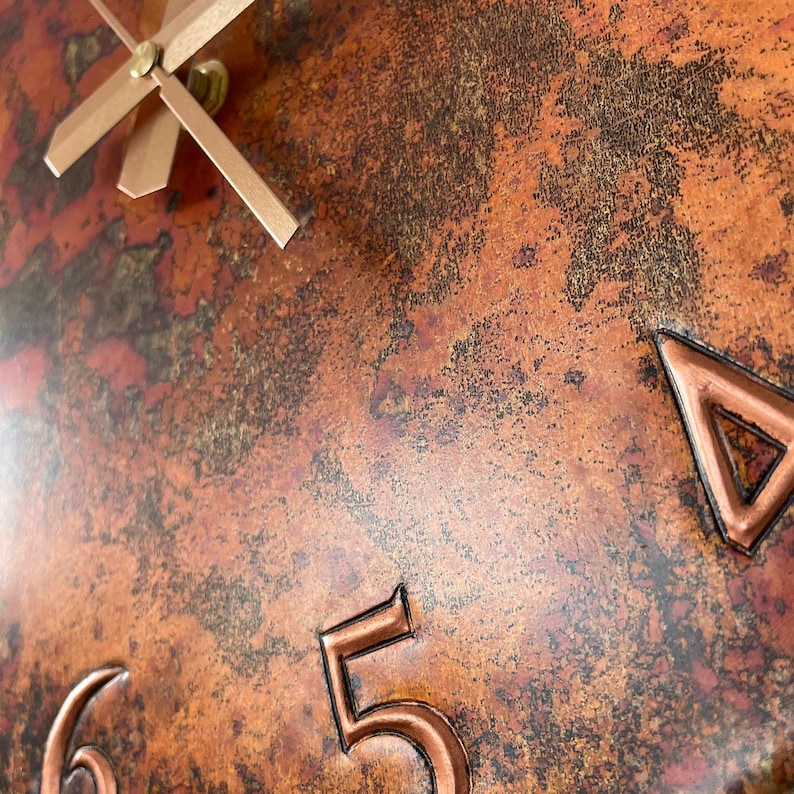 patina copper clock, handmade metal art, handmade clock, unique wall decor, flame treated copper, large wall clock, oversized wall decor, rustic home decor, oxidized copper clock, living room wall decor, kitchen wall clock, unique timepiece, gift for her, father's day gift, gift for dad, dad gift idea, man cave decor