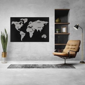 Decoração de mapa-múndi de metal com continentes, arte de parede de mapa de palavras em metal, arte de parede grande em metal, decoração de parede interna exclusiva, presentes de arte de parede, presente para escritório