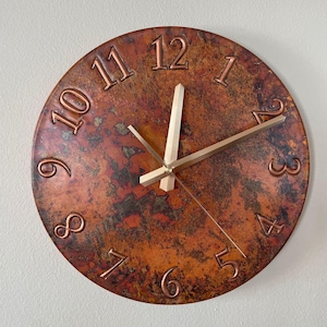 patina copper clock, handmade metal art, handmade clock, unique wall decor, flame treated copper, large wall clock, oversized wall decor, rustic home decor, oxidized copper clock, living room wall decor, kitchen wall clock, unique timepiece, gift for her, father's day gift, gift for dad, dad gift idea, man cave decor
