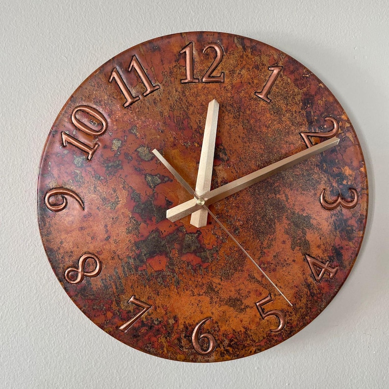 patina copper clock, handmade metal art, handmade clock, unique wall decor, flame treated copper, large wall clock, oversized wall decor, rustic home decor, oxidized copper clock, living room wall decor, kitchen wall clock, unique timepiece, gift for her, father's day gift, gift for dad, dad gift idea, man cave decor