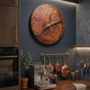 patina copper clock, handmade metal art, handmade clock, unique wall decor, flame treated copper, large wall clock, oversized wall decor, rustic home decor, oxidized copper clock, living room wall decor, kitchen wall clock, unique timepiece, gift for her, father's day gift, gift for dad, dad gift idea, man cave decor