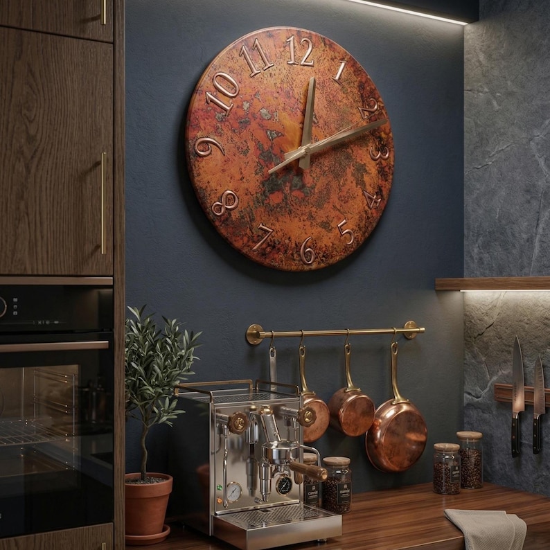 patina copper clock, handmade metal art, handmade clock, unique wall decor, flame treated copper, large wall clock, oversized wall decor, rustic home decor, oxidized copper clock, living room wall decor, kitchen wall clock, unique timepiece, gift for her, father's day gift, gift for dad, dad gift idea, man cave decor