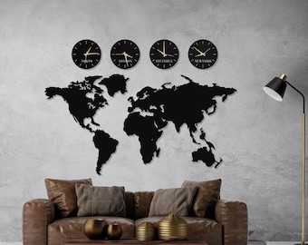 Metal World Map Wall Art with Clocks, Personalized Office Decor, World Clock With Map, Country Clocks, Metal Wall Decor, Hotel Wall Decor