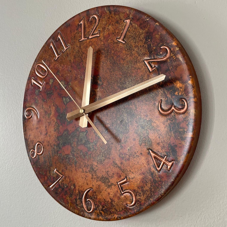patina copper clock, handmade metal art, handmade clock, unique wall decor, flame treated copper, large wall clock, oversized wall decor, rustic home decor, oxidized copper clock, living room wall decor, kitchen wall clock, unique timepiece, gift for her, father's day gift, gift for dad, dad gift idea, man cave decor