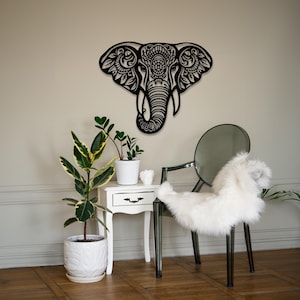 Elephant Metal Wall Art, Decorative Animal Metal Wall Art, Mandala Style Boho Home Art, Modern Bohemian Wall Art, Black Metal Wall Decor