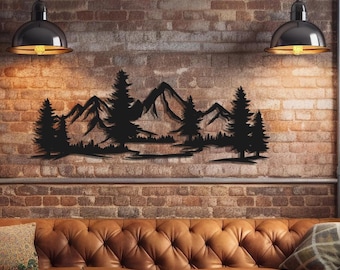 Mountain and Forest Metal Wall Art, Mountain Metal Wall Art, Bedroom Wall Art, Oversized Metal Wall Decor, Fireplace Decor, Forest Sculpture