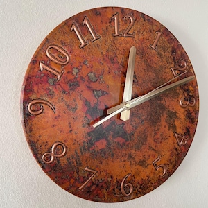 patina copper clock, handmade metal art, handmade clock, unique wall decor, flame treated copper, large wall clock, oversized wall decor, rustic home decor, oxidized copper clock, living room wall decor, kitchen wall clock, unique timepiece, gift for her, father's day gift, gift for dad, dad gift idea, man cave decor