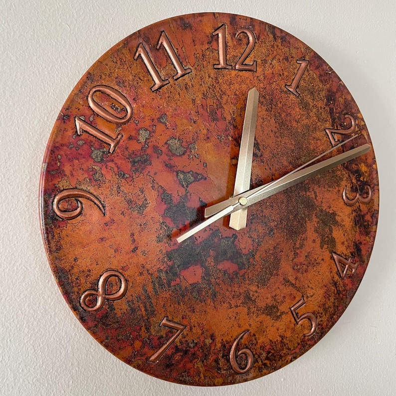 patina copper clock, handmade metal art, handmade clock, unique wall decor, flame treated copper, large wall clock, oversized wall decor, rustic home decor, oxidized copper clock, living room wall decor, kitchen wall clock, unique timepiece, gift for her, father's day gift, gift for dad, dad gift idea, man cave decor