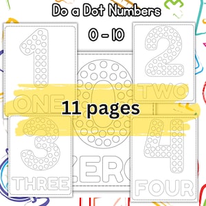 Peut inclure: Un ensemble de 11 pages imprimables représentant les chiffres de 0 à 10. Chaque chiffre est délimité et rempli de cercles pour des activités de points à relier. Le titre "Do a Dot Numbers 0-10" est en haut de la page.