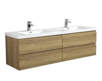 71'' Wall Mounted Double Bathroom Vanity in Natural Wood With White Solid Surface sink