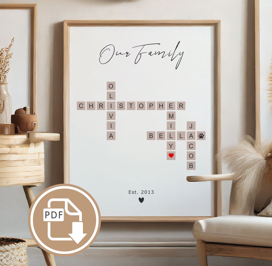 Personalised Scrabble Print, Crosswords Puzzle Poster, Custom Family