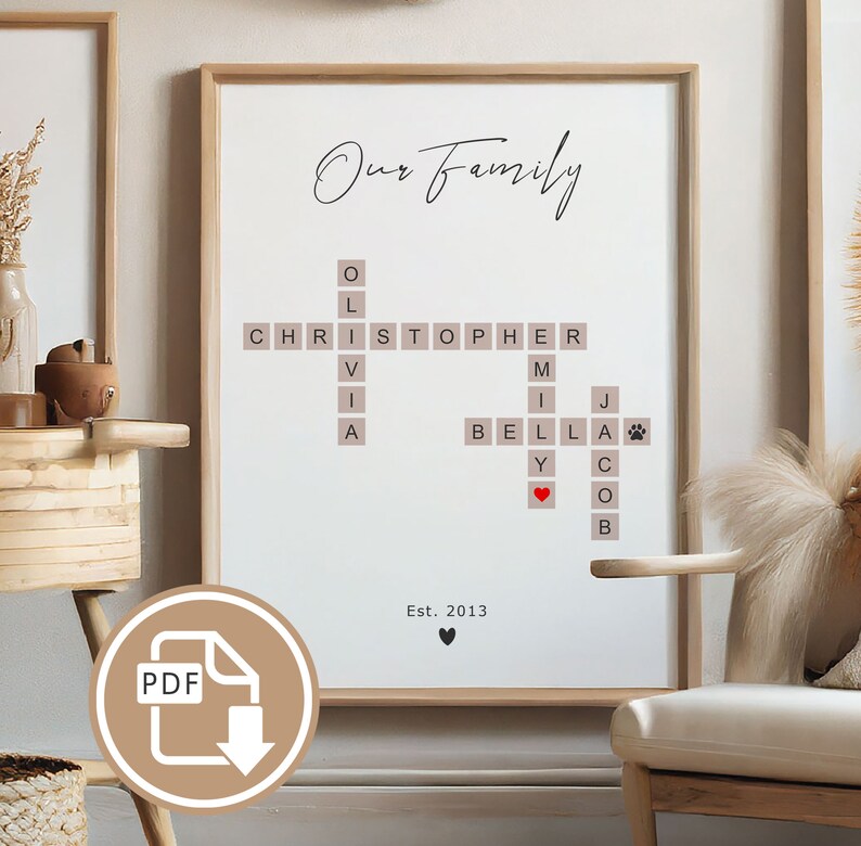 Personalised Scrabble Print, Crosswords Puzzle Poster, Custom Family