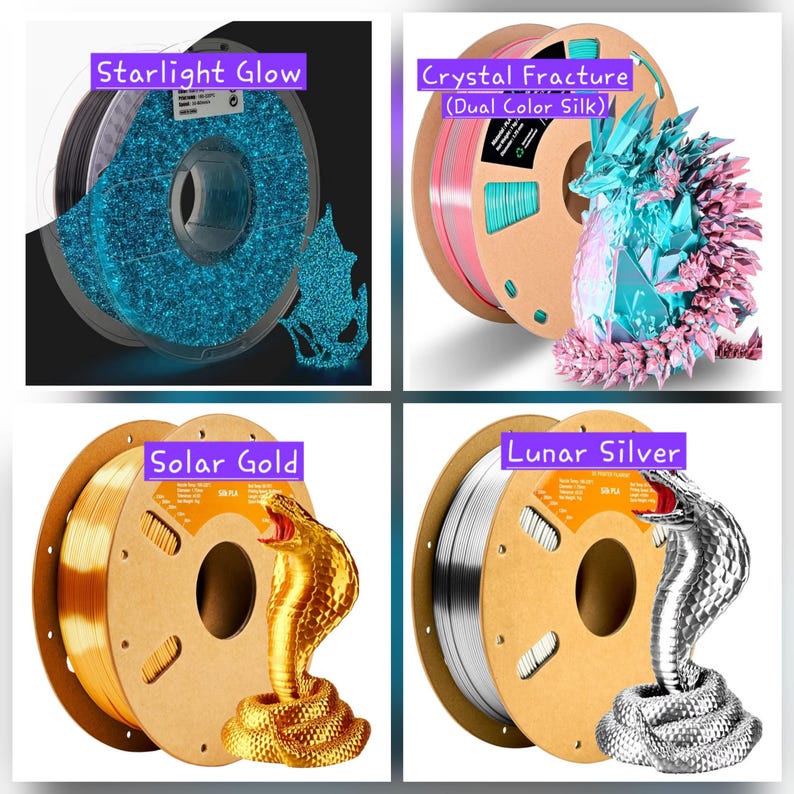 May include: Four spools of 3D printer filament with corresponding printed figures. Colors include Starlight Glow blue, Crystal Fracture dual-color silk, Solar Gold, and Lunar Silver. Each spool is labeled with its respective color name.