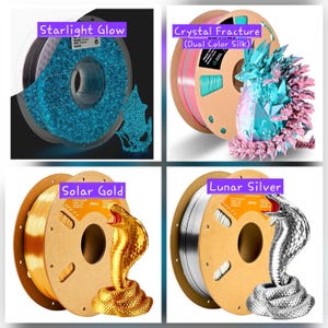 May include: Four spools of 3D printer filament with corresponding printed figures. Colors include Starlight Glow blue, Crystal Fracture dual-color silk, Solar Gold, and Lunar Silver. Each spool is labeled with its respective color name.