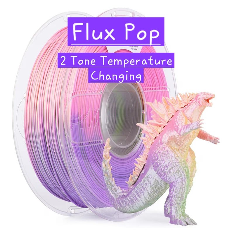 May include: A spool of Flux Pop 2 Tone Temperature Changing 3D printer filament with a gradient of pink, purple, and light green. Next to the spool stands a figurine of a monster with a textured, scaly body that transitions in color.