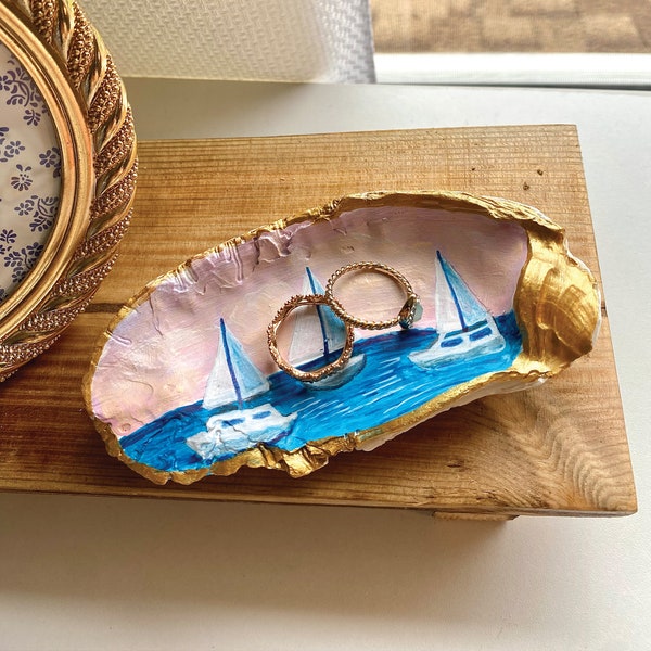 Painted Sailboats on Large Oyster Shell Trinket Dish