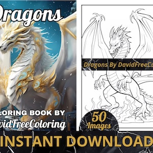 50 Dragons Coloring Book Dragons Images for Adult Coloring Pages Dragons printable coloring book gift for adult PDF download PNG