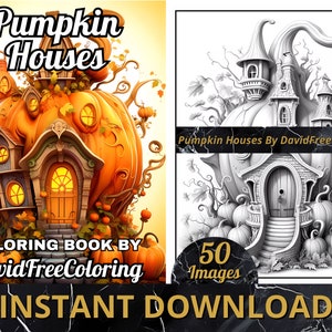 50 Pumpkin Houses Coloring Book Houses Images for Adult Coloring Pages Pumpkin printable coloring book gift for adult PDF Download PNG