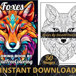 50 Foxes Coloring Book Foxes Coloring Images for Adult Coloring Pages Cute Fox printable coloring book gift for adult PDF download PNG