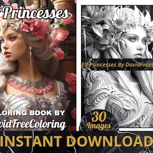 30 Elf Princesses Coloring Book Girl Images for Adult Coloring Pages Pretty Princess printable coloring book gift for adult PDF Download PNG