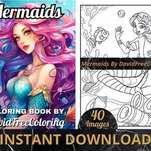 50 Mermaids Coloring Book Mermaids Images for Adult Coloring Pages Adorable Mermaids printable coloring book gift for adult PDF Download PNG