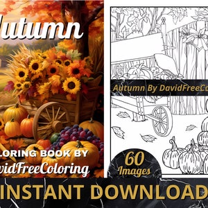 60 Autumn Landscapes Coloring Book for Adult Autumn Coloring Pages Fall scene printable coloring book fall gift for adult PDF download PNG