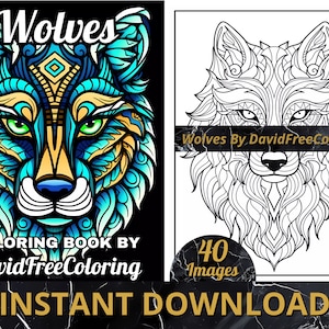 40 Wolves Coloring Book Wolf Coloring Image for Adult Coloring Pages Wolf printable coloring book dog gift for adult PDF Download PNG