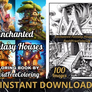 100 Enchanted Fantasy Houses Coloring Book Images for Adult Coloring Pages Houses printable coloring book gift for adult PDF Download PNG