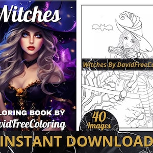 40 Witches Coloring Book Witches Image for Adult Coloring Page Witches printable coloring book gift for adult PDF Download PNG