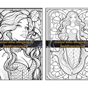 30 Mermaids Stained Glass Coloring Book Mermaids Image for Adult ...