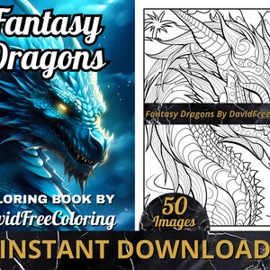 50 Fantasy Dragons Coloring Book Dragons Images for Adult Coloring Pages Dragons printable coloring book gift for adult PDF Download PNG