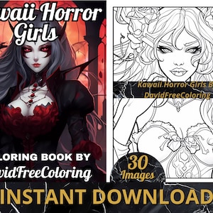 30 Kawaii Girls Coloring Book Kawaii Horror Girls Images for Adult Coloring Manga printable coloring book gift for adult PDF Download PNG
