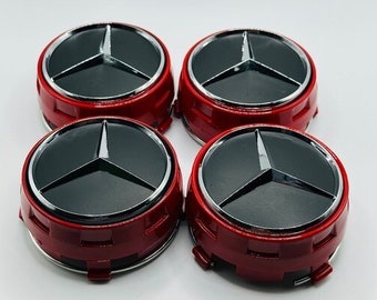 Set of 4 Black/Red Mercedes Benz Alloy Wheel Center Caps 75mm, Black/Red Center Hub Caps for Mercedes Benz 75mm