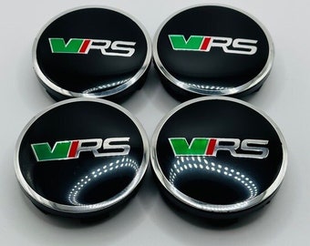 Set of 4 Black/Red/Green Skoda VRS Logo Alloy Wheel Center Caps 56mm, Black Center Hub Caps for Skoda VRS Cars 56mm